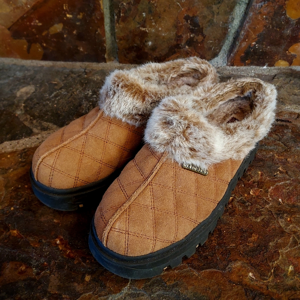 Skechers Tan Suede Quilted Slippers with Faux Fur Lining